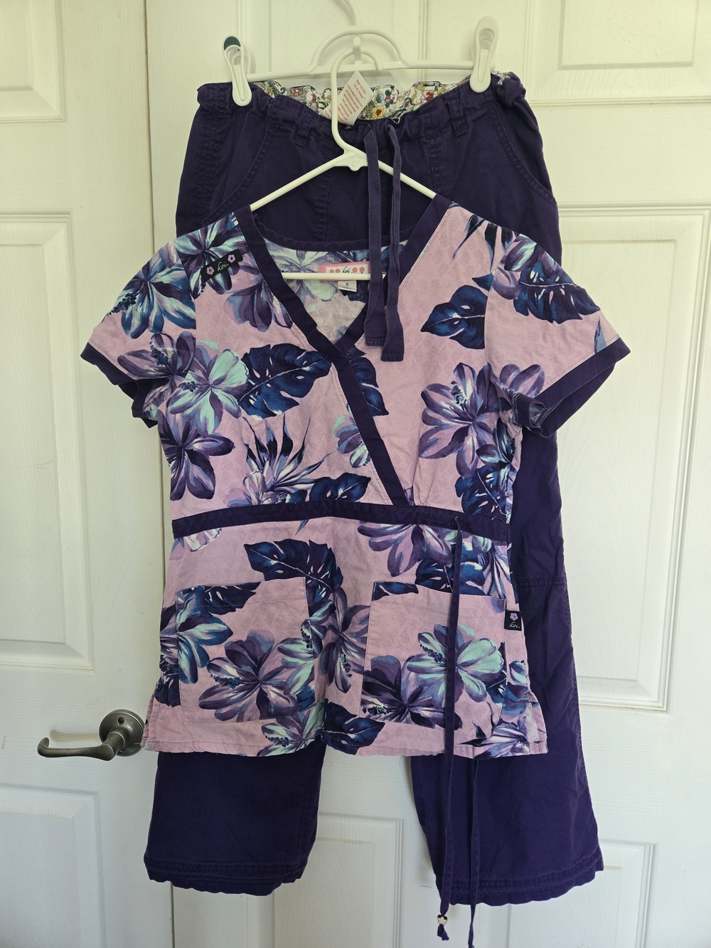 Koi Pink and Purple Floral Side Tie Scrub Top and Purple Cargo Scrub Bottoms